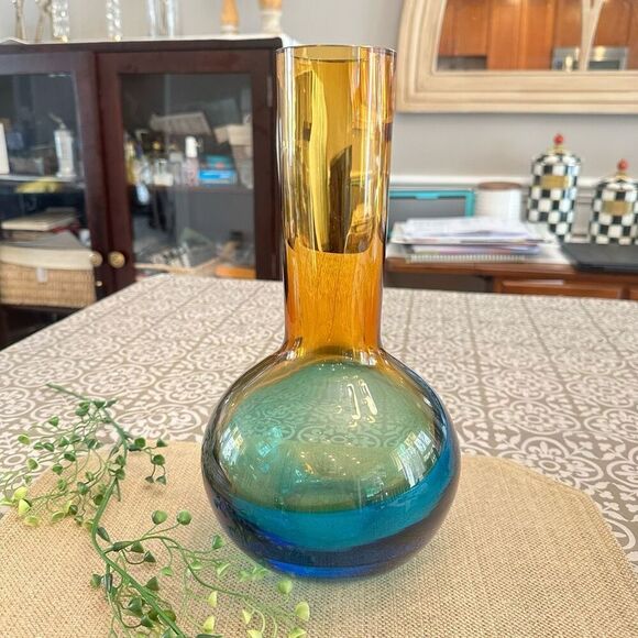 Evolution By Waterford 12" Blue & Yellow Swirl Bulb Glass Vase‎ Modern Eclectic - Picture 1 of 11